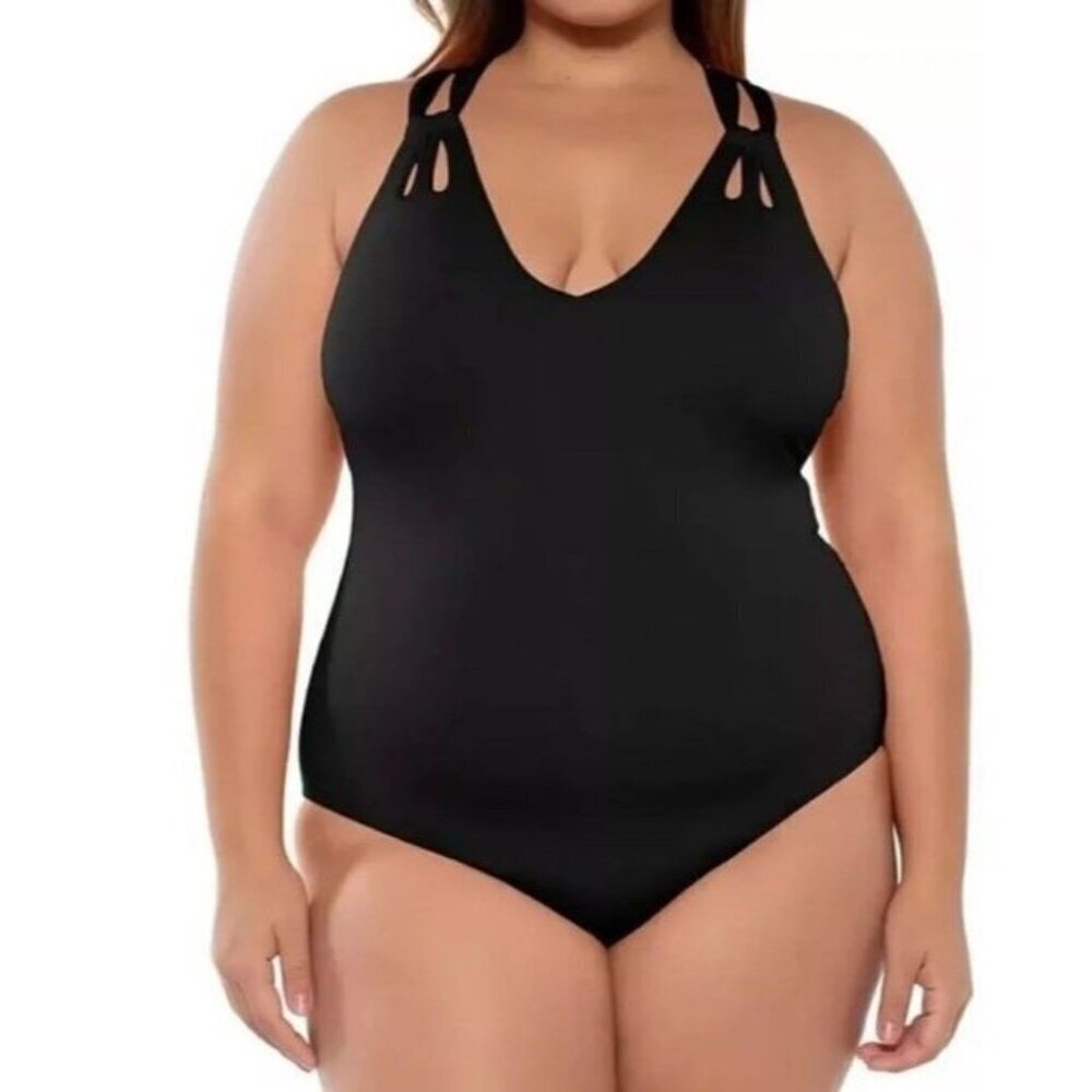 Becca Rebecca Virtue Sz 1X 16 18 Swimsuit Black Strappy One Piece Plus Size New
